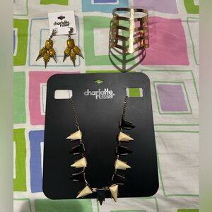 Charlotte Russe Black and Cream Necklace with Yellow Earrings and Gold Bracelet